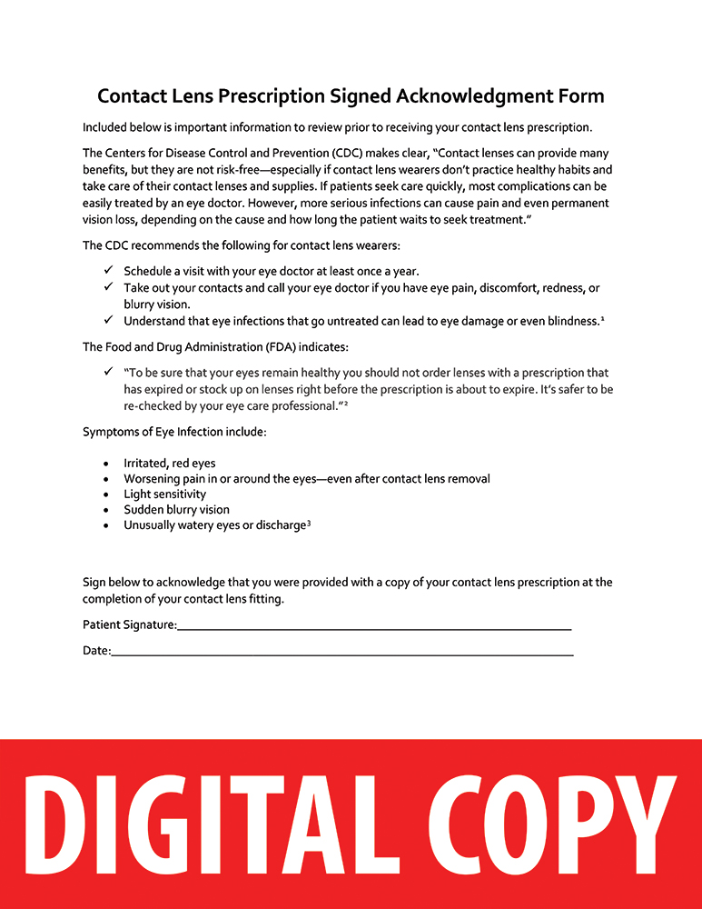 Contact Lens Prescription Signed Acknowledgment Form Template - Digital Download